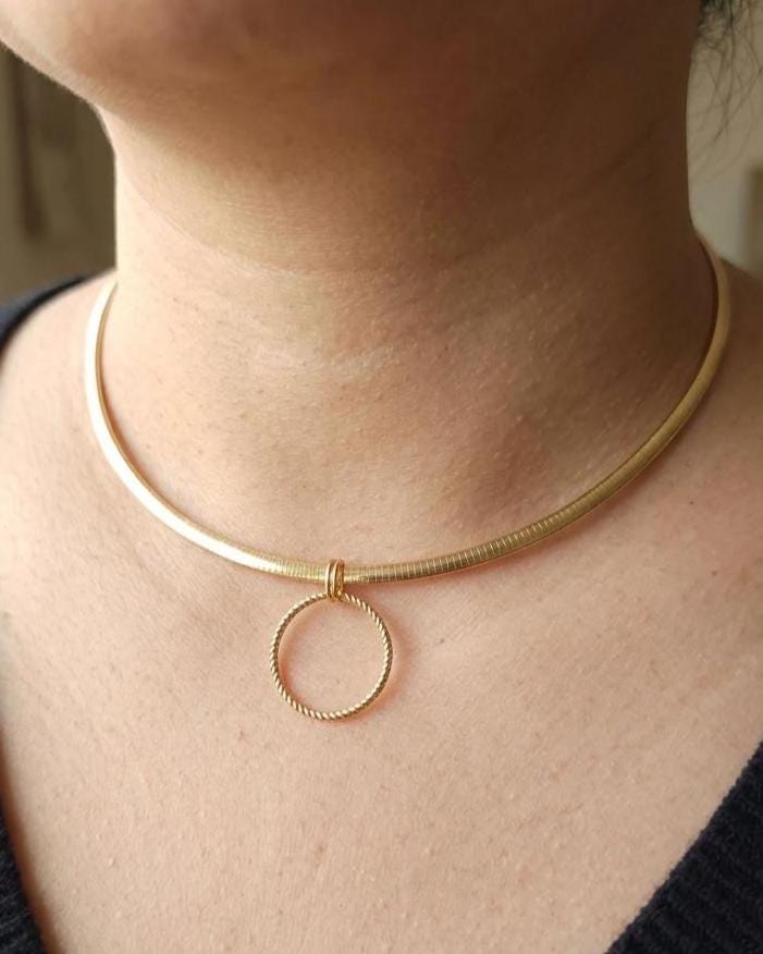 10k Gold Vermeil Omega Eternity O Ring Necklace Day Collar with Heart– 3mm Dual-Tone Sterling Silver