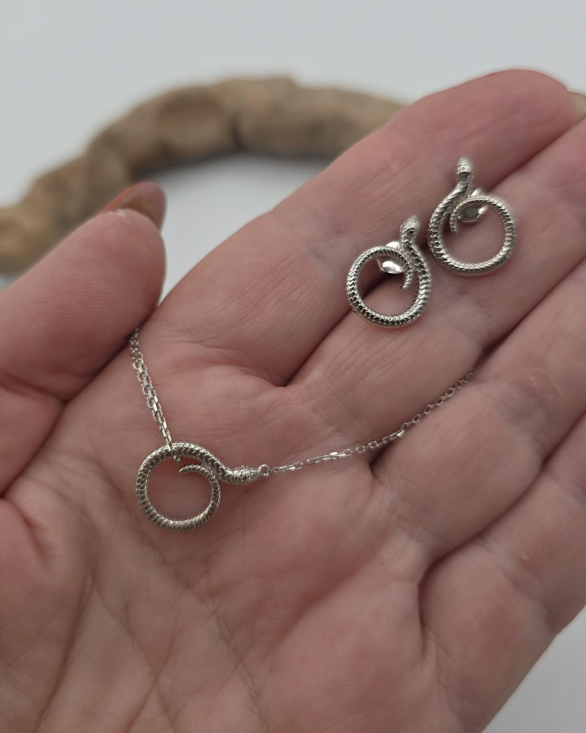 Sterling Silver Snake Necklace and Earrings Set, Serpent Jewelry Set, Adjustable Snake Necklace, Matching Sterling Silver Earrings