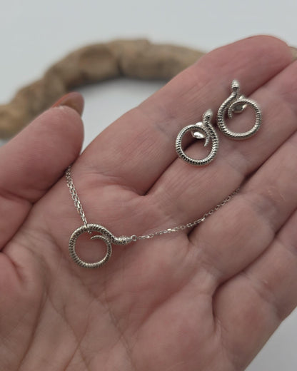 Sterling Silver Snake Necklace and Earrings Set, Serpent Jewelry Set, Adjustable Snake Necklace, Matching Sterling Silver Earrings