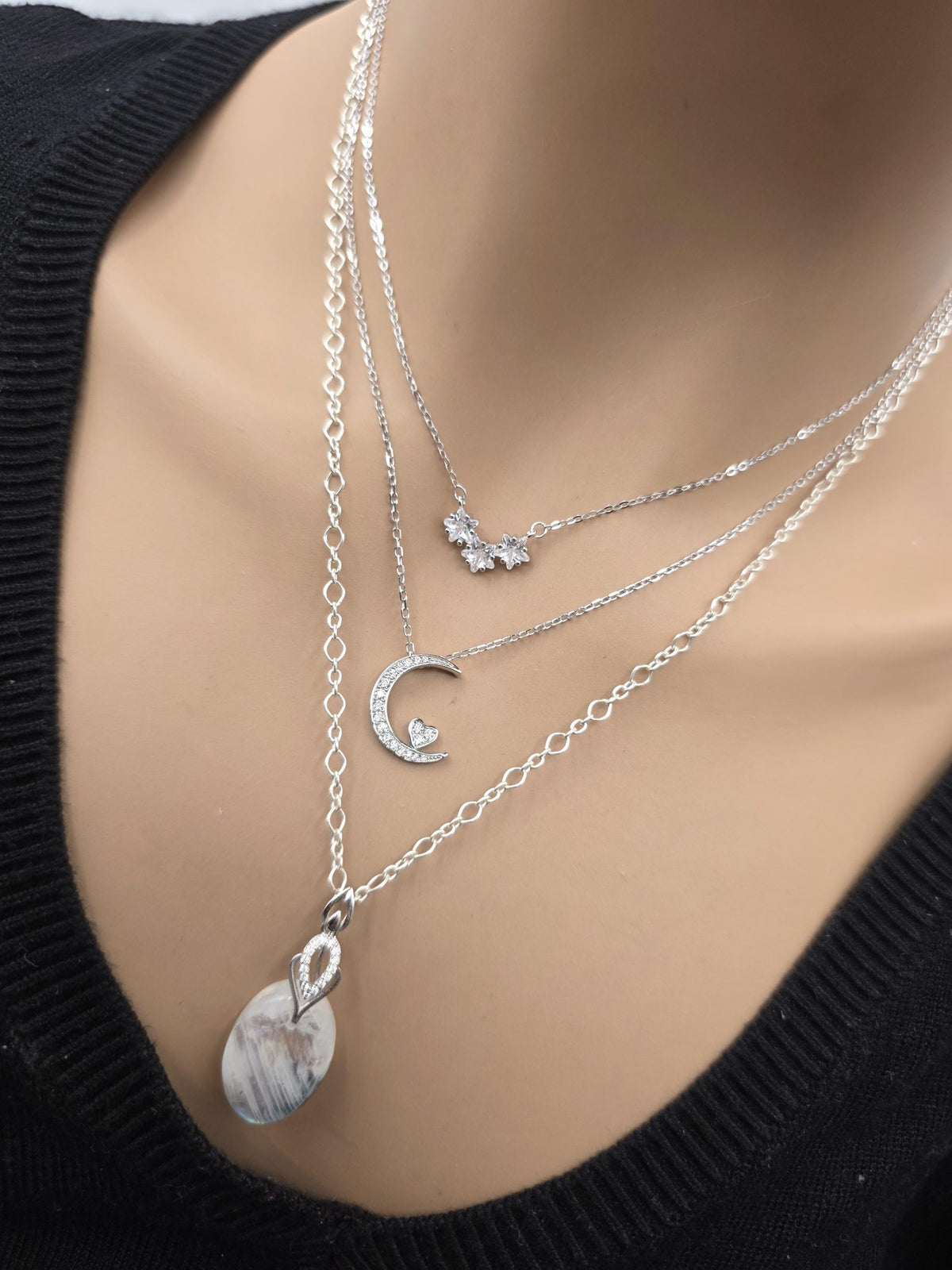 Sterling Silver Layered Necklace Set | Serpentine Chain & Protective Talisman Pendant