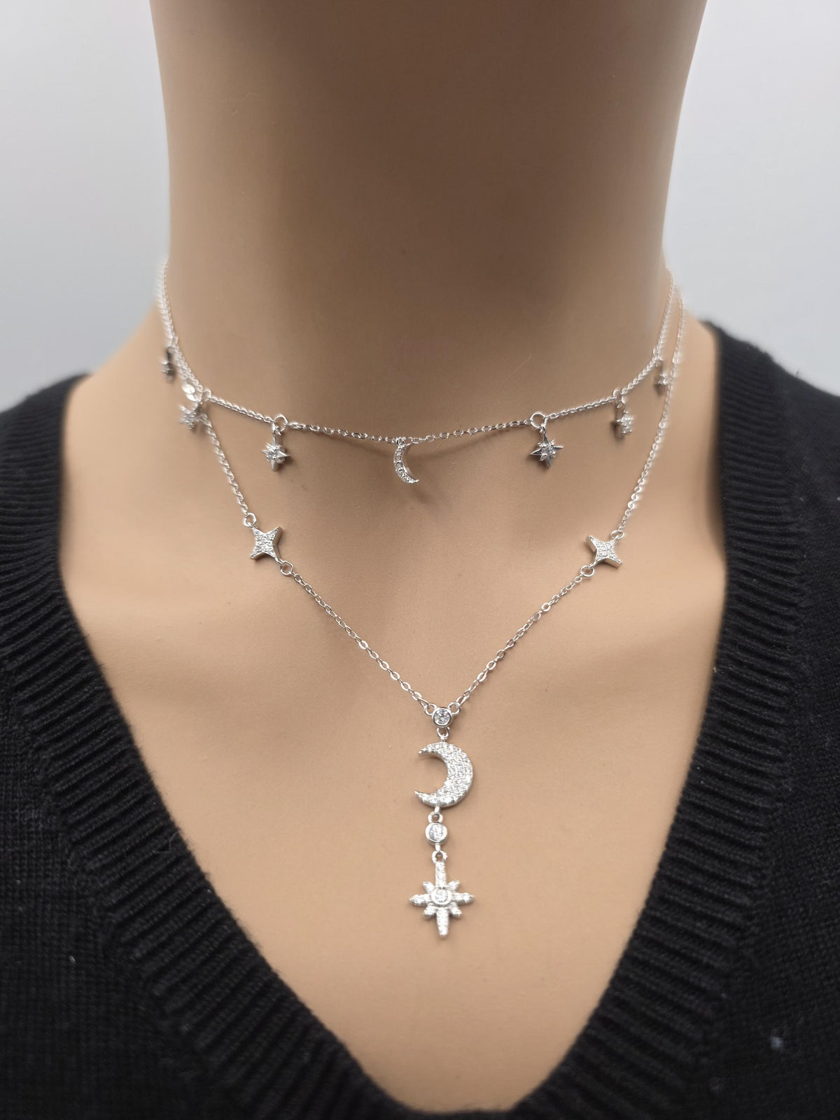 Sterling Silver CZ Moon & Stars Layered Necklace Set | 2 Necklaces, Celestial Minimalist Jewelry