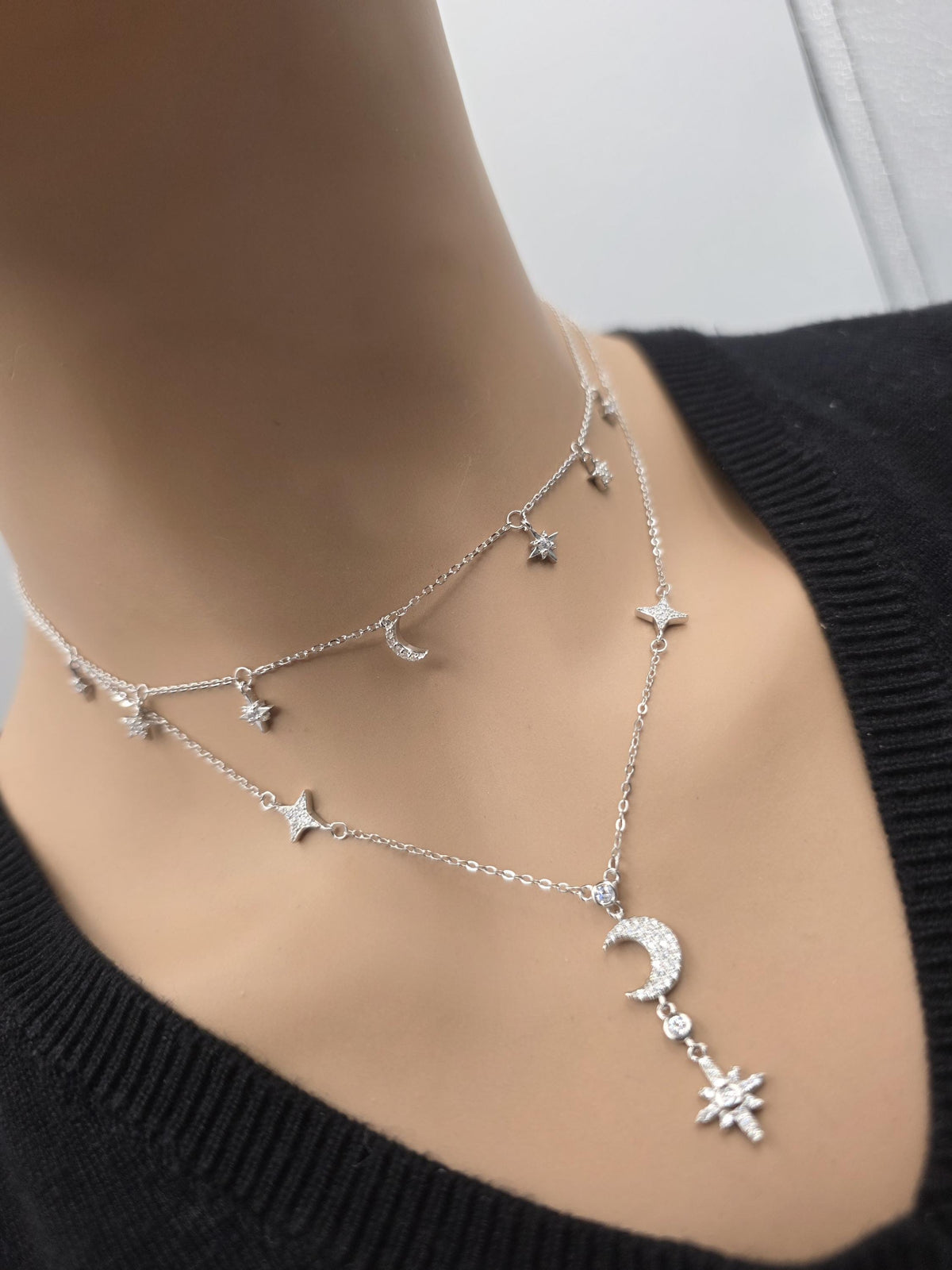 Sterling Silver CZ Moon & Stars Layered Necklace Set | 2 Necklaces, Celestial Minimalist Jewelry