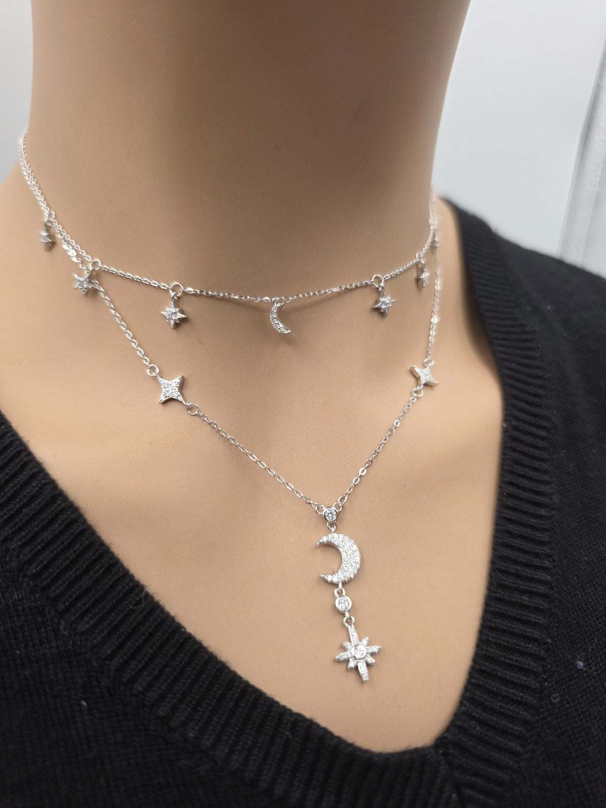 Sterling Silver CZ Moon & Stars Layered Necklace Set | 2 Necklaces, Celestial Minimalist Jewelry