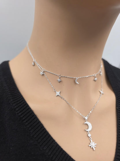 Sterling Silver CZ Moon & Stars Layered Necklace Set | 2 Necklaces, Celestial Minimalist Jewelry