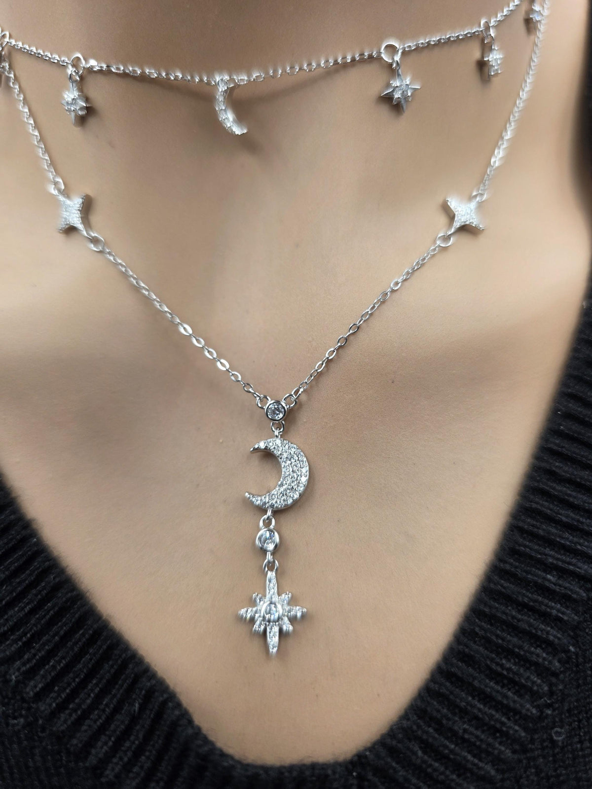 Sterling Silver CZ Moon & Stars Layered Necklace Set | 2 Necklaces, Celestial Minimalist Jewelry