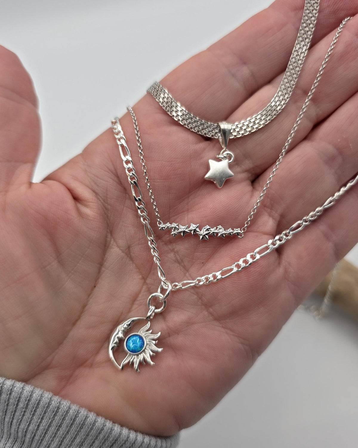 Sterling Silver Opal Moon, Sun & Stars Layered Necklace Set - Celestial Norse Jewelry for Gifting