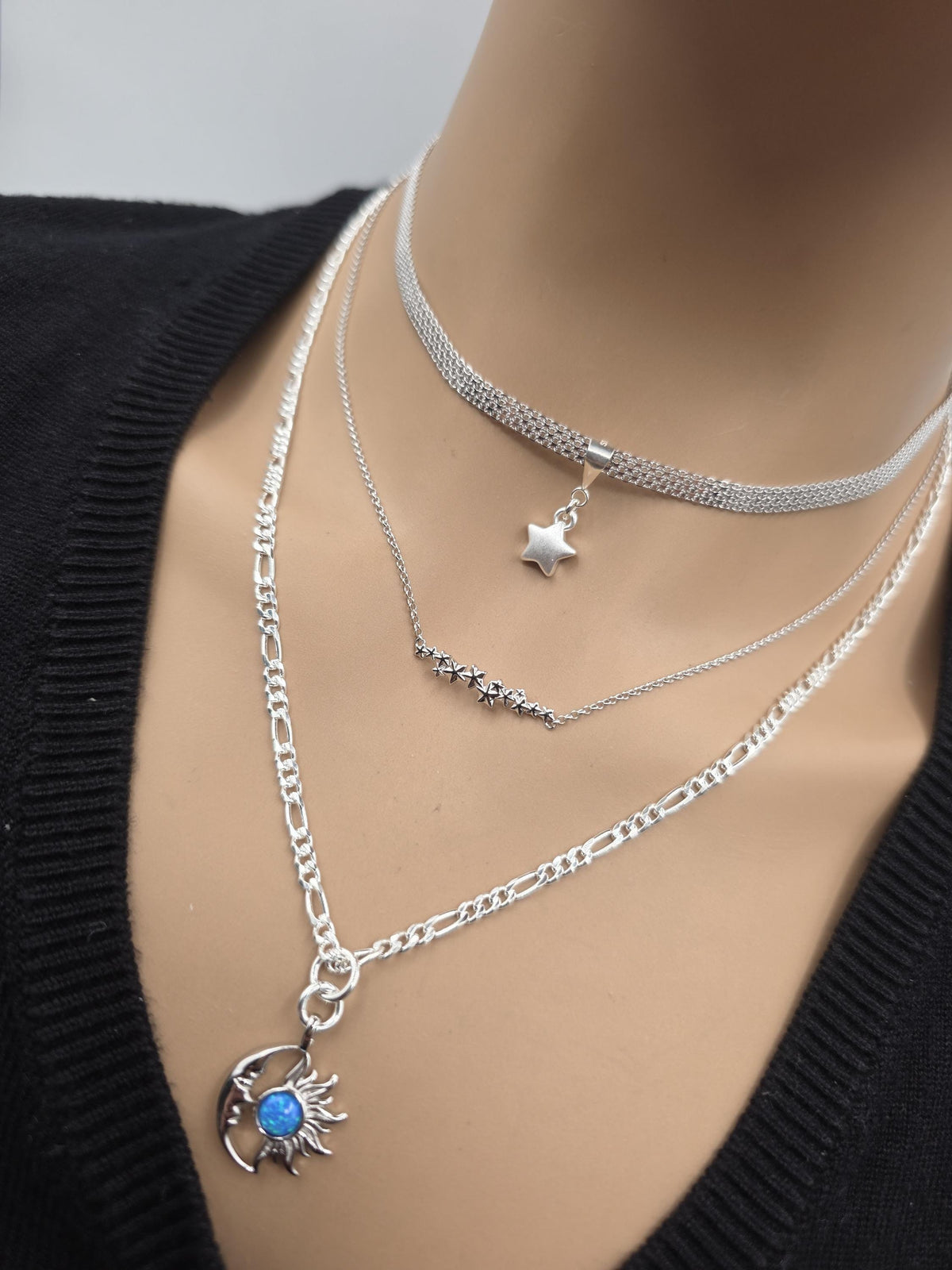 Sterling Silver Opal Moon, Sun & Stars Layered Necklace Set - Celestial Norse Jewelry for Gifting