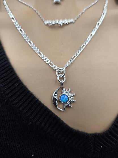 Sterling Silver Opal Moon, Sun & Stars Layered Necklace Set - Celestial Norse Jewelry for Gifting