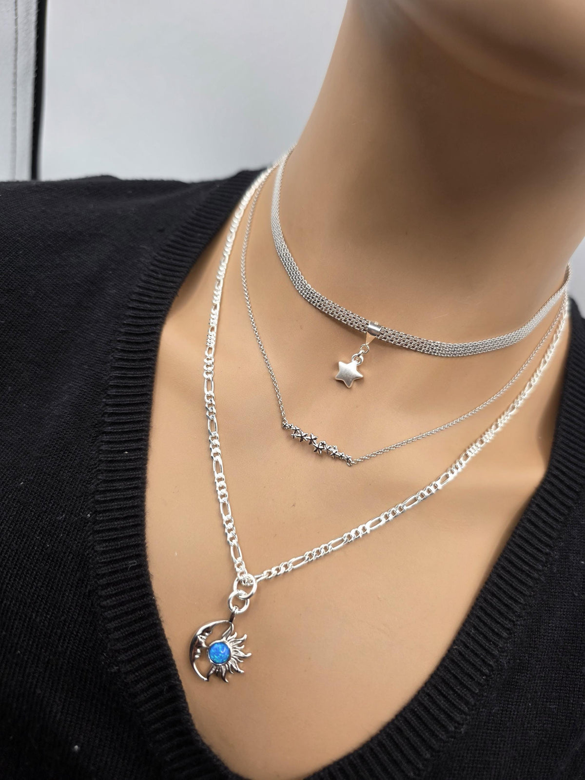 Sterling Silver Opal Moon, Sun & Stars Layered Necklace Set - Celestial Norse Jewelry for Gifting