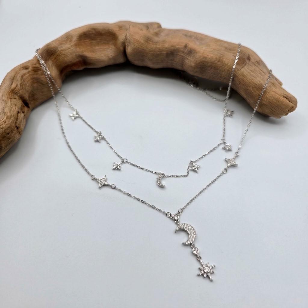 Sterling Silver CZ Moon & Stars Layered Necklace Set | 2 Necklaces, Celestial Minimalist Jewelry