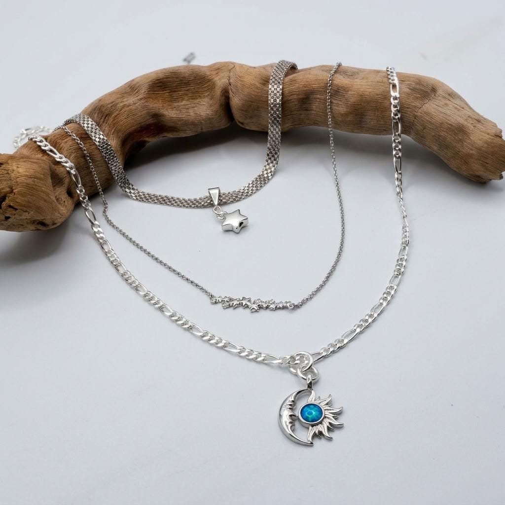 Sterling Silver Opal Moon, Sun & Stars Layered Necklace Set - Celestial Norse Jewelry for Gifting