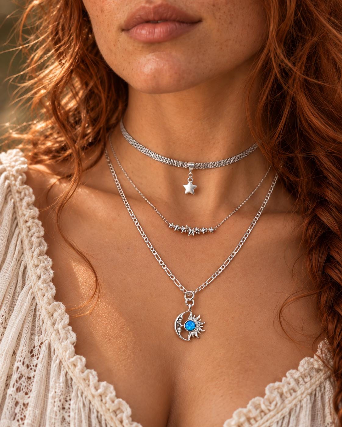 Sterling Silver Opal Moon, Sun & Stars Layered Necklace Set - Celestial Norse Jewelry for Gifting