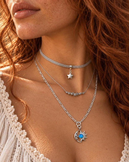 Sterling Silver Opal Moon, Sun & Stars Layered Necklace Set - Celestial Norse Jewelry for Gifting