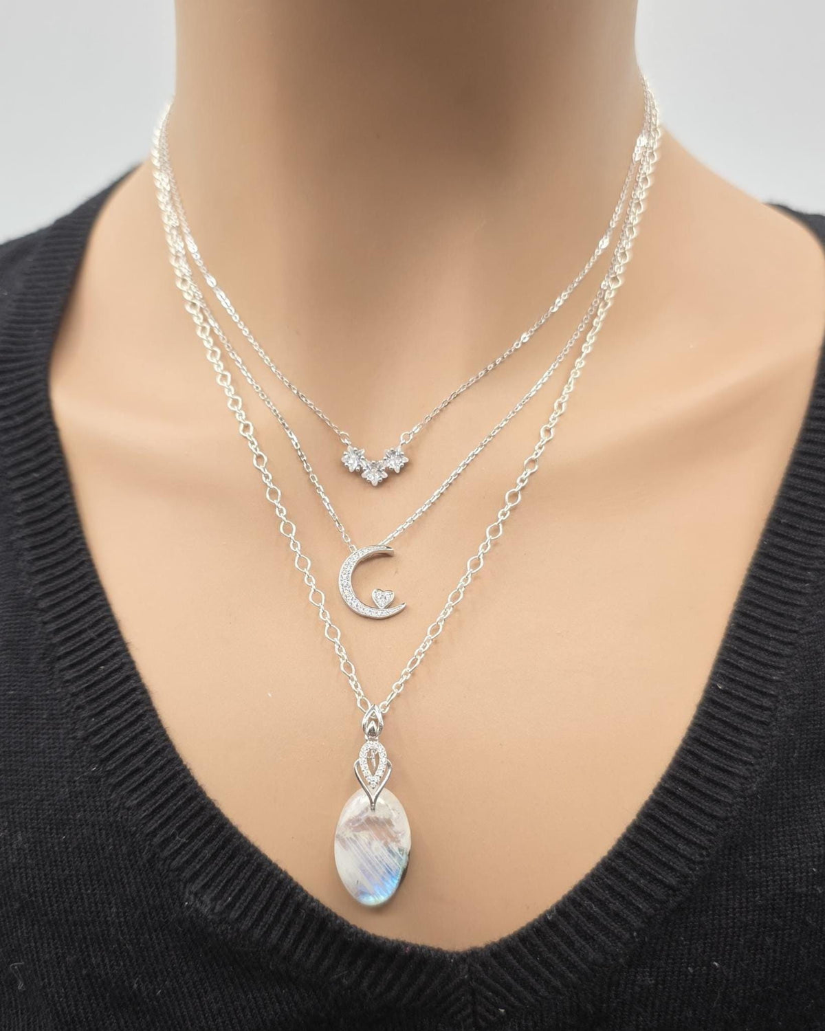 Sterling Silver Layered Necklace Set | Serpentine Chain & Protective Talisman Pendant