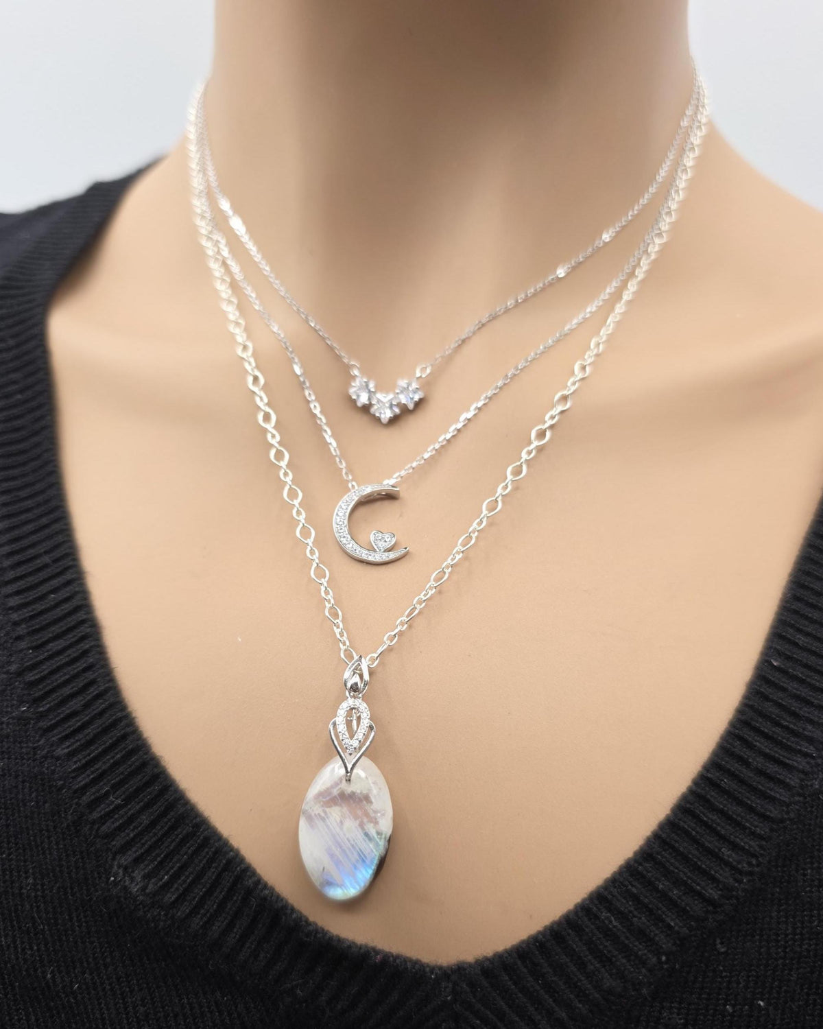 Sterling Silver Layered Necklace Set | Serpentine Chain & Protective Talisman Pendant