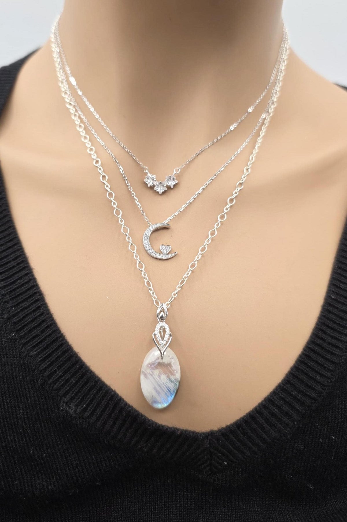 Sterling Silver Layered Necklace Set | Serpentine Chain & Protective Talisman Pendant