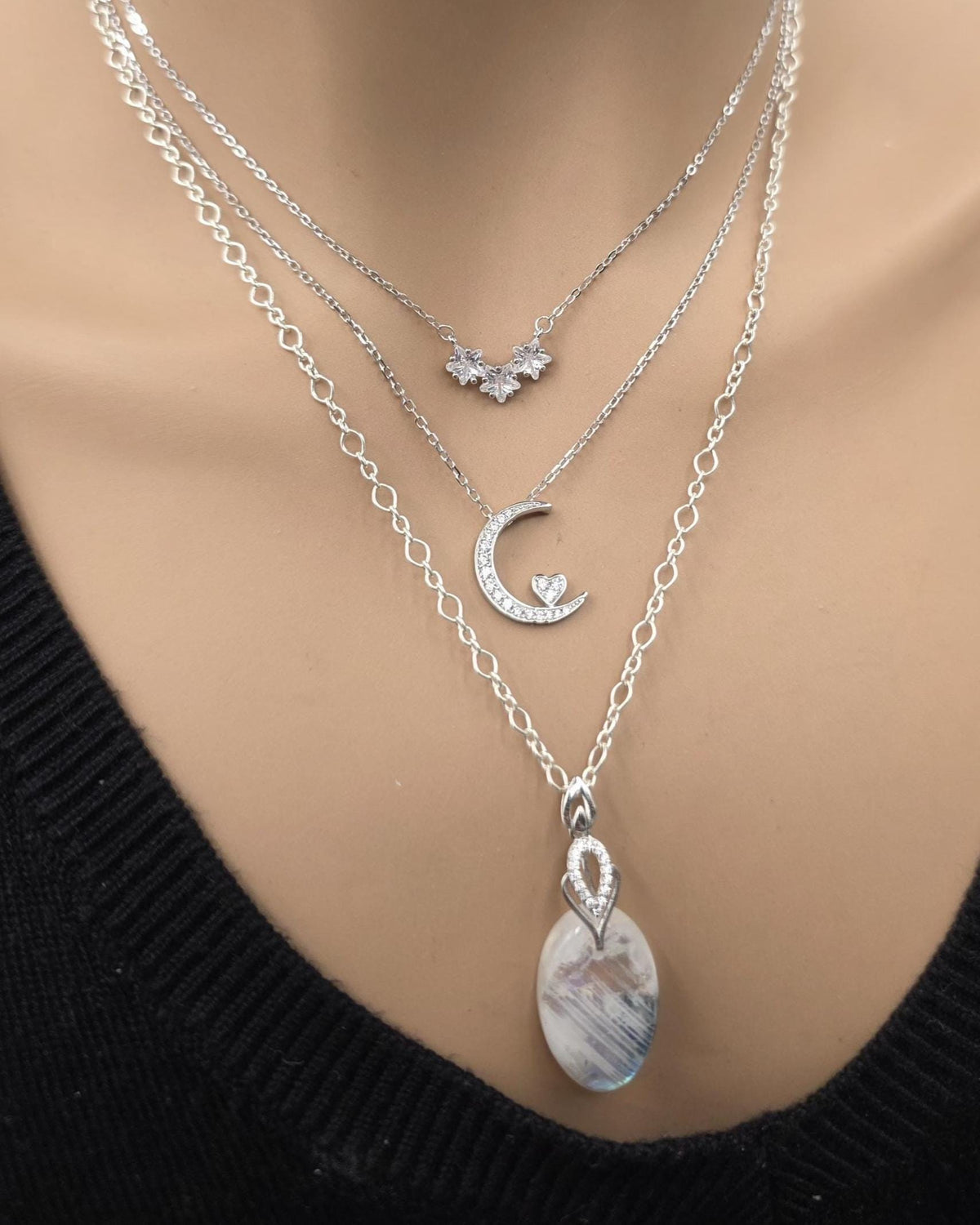 Sterling Silver Layered Necklace Set | Serpentine Chain & Protective Talisman Pendant