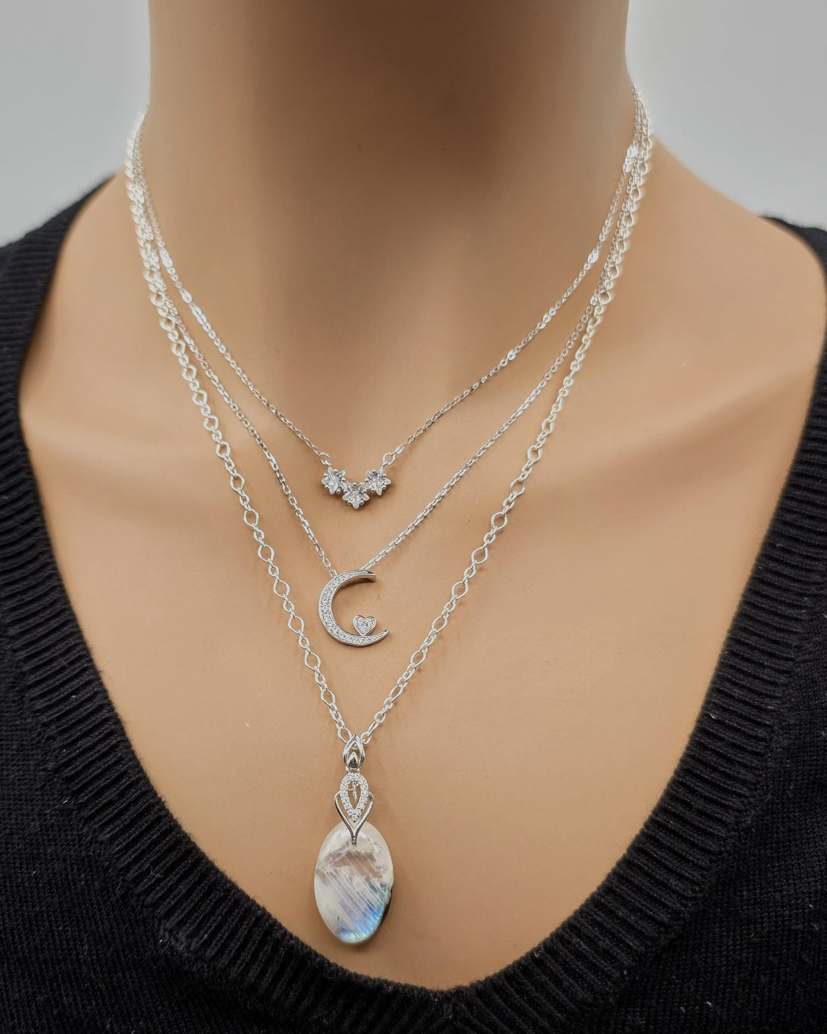 Sterling Silver Layered Necklace Set | Serpentine Chain & Protective Talisman Pendant