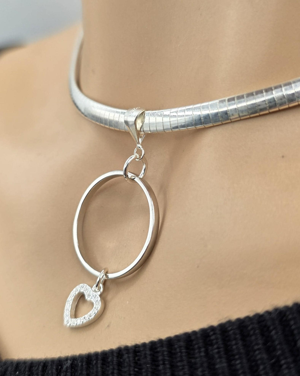 Sterling Silver 4mm Omega Formed Day Collar Choker Necklace with CZ Heart Charm - Luxury Partner Jewelry