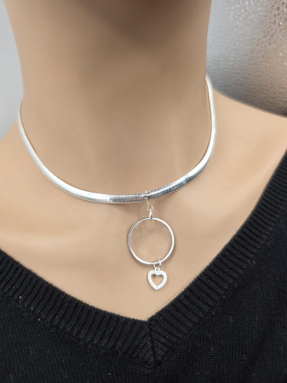 Sterling Silver 4mm Omega Formed Day Collar Choker Necklace with CZ Heart Charm - Luxury Partner Jewelry