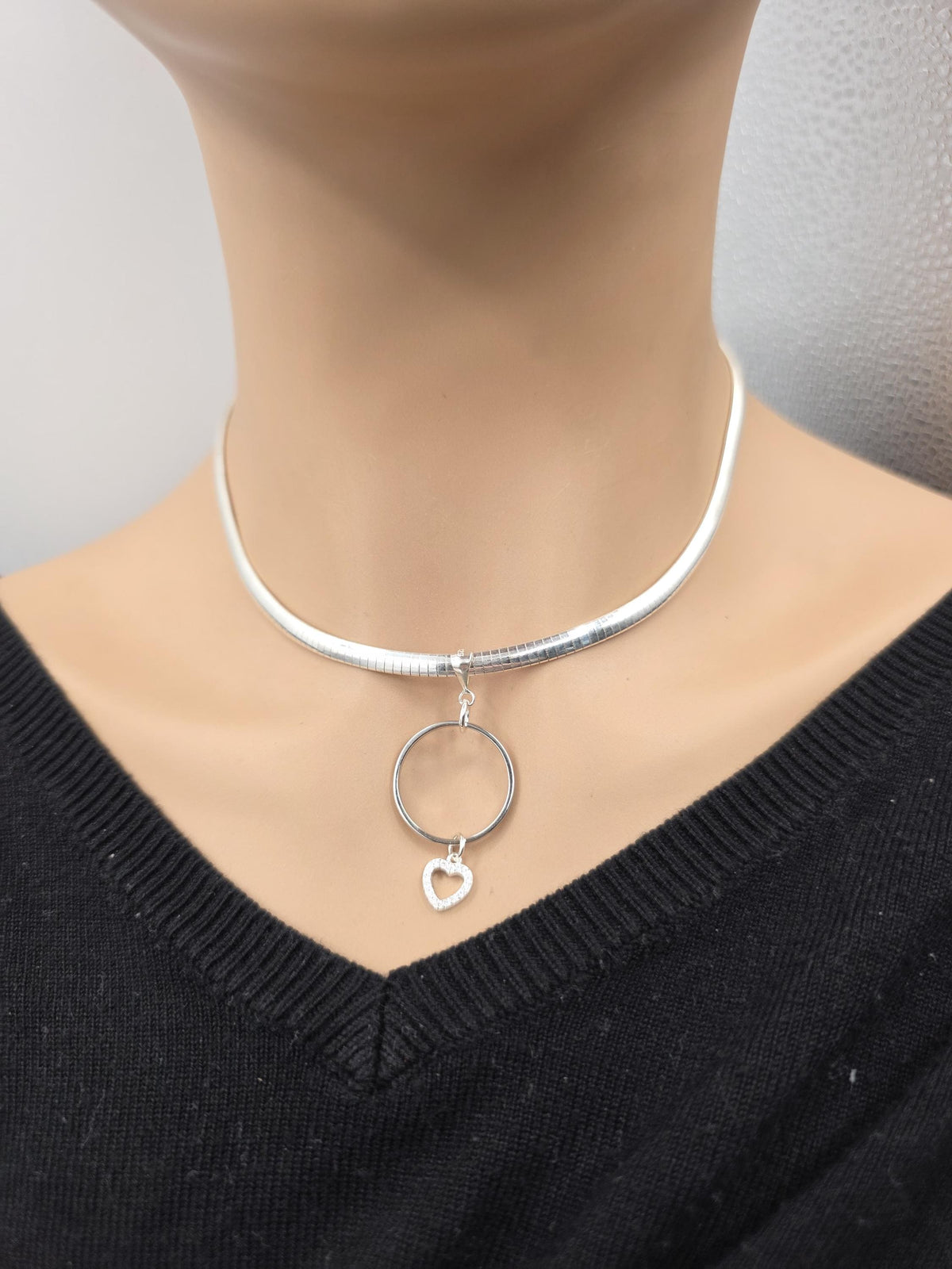 Sterling Silver 4mm Omega Formed Day Collar Choker Necklace with CZ Heart Charm - Luxury Partner Jewelry