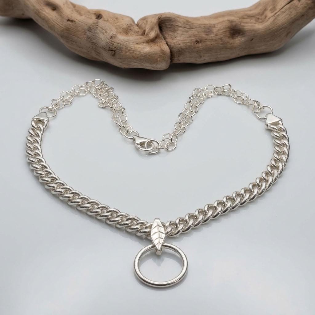 Sterling Silver Day Collar Necklace, Chunky Curb Chain O Ring Necklace, Adjustable Silver Choker, Handmade Statement Necklace
