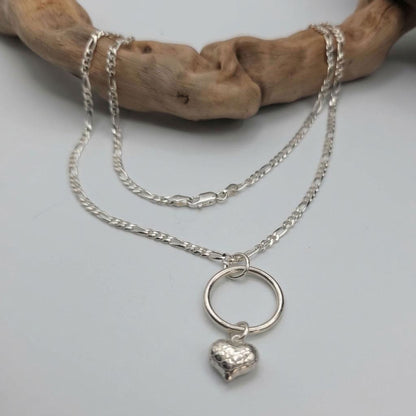 Sterling Silver Eternity Necklace with O Ring and Heart, 3mm Figaro Chain, Romantic Statement Necklace, 16 18 20 Inch