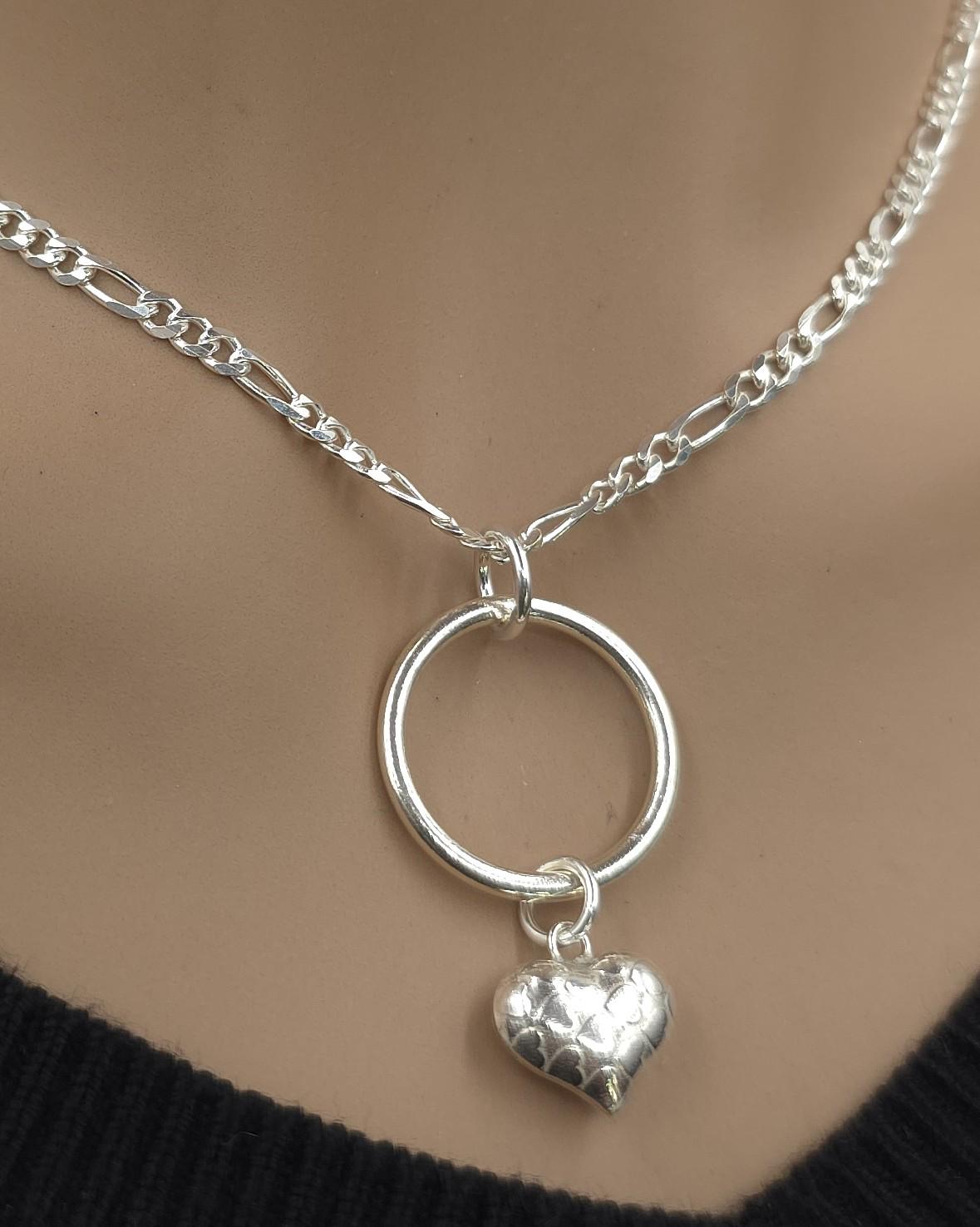 Sterling Silver Eternity Necklace with O Ring and Heart, 3mm Figaro Chain, Romantic Statement Necklace, 16 18 20 Inch