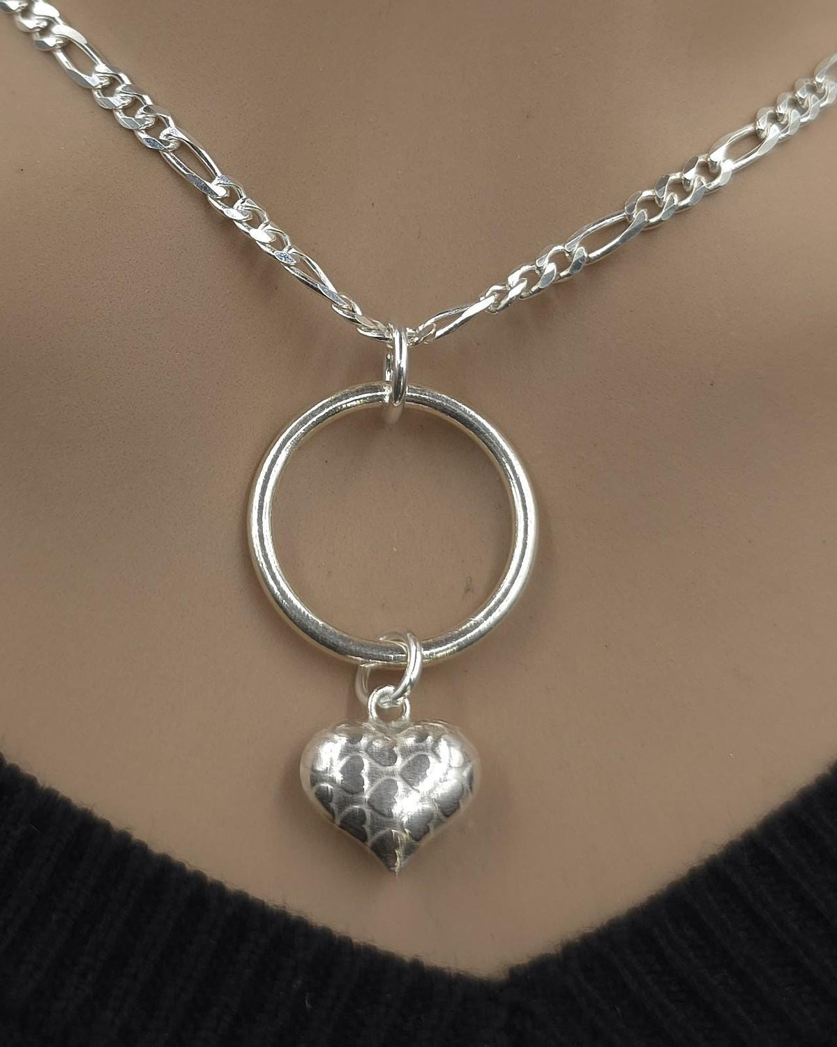 Sterling Silver Eternity Necklace with O Ring and Heart, 3mm Figaro Chain, Romantic Statement Necklace, 16 18 20 Inch