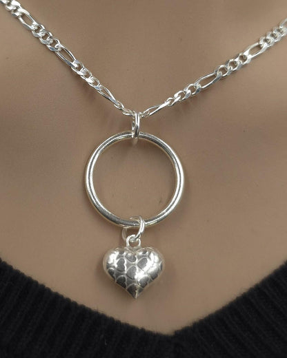 Sterling Silver Eternity Necklace with O Ring and Heart, 3mm Figaro Chain, Romantic Statement Necklace, 16 18 20 Inch
