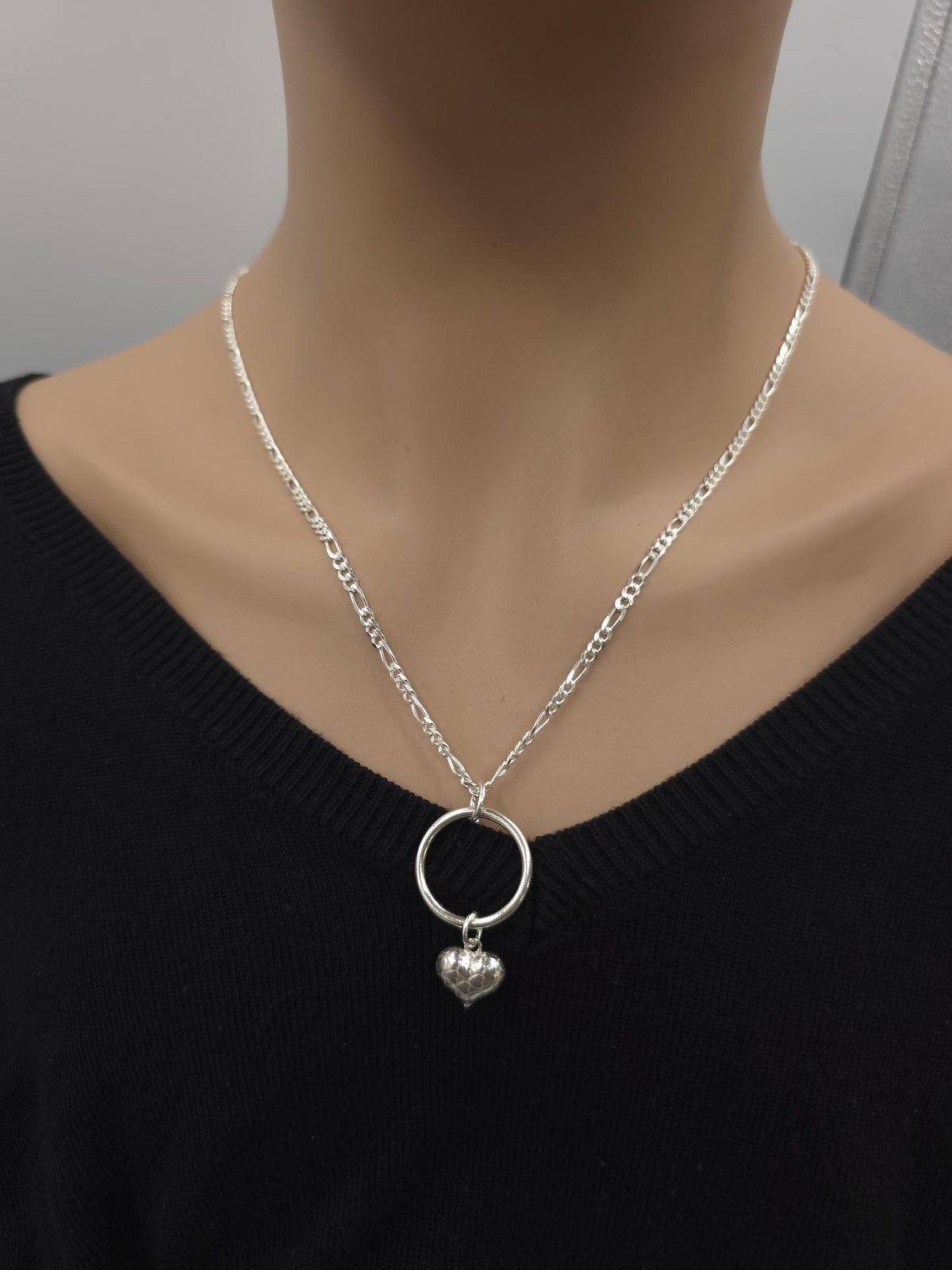 Sterling Silver Eternity Necklace with O Ring and Heart, 3mm Figaro Chain, Romantic Statement Necklace, 16 18 20 Inch