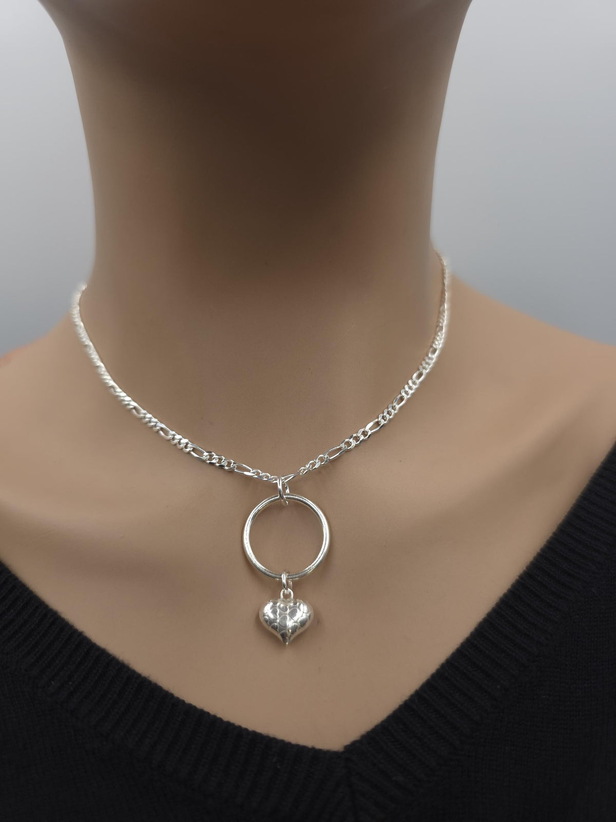 Sterling Silver Eternity Necklace with O Ring and Heart, 3mm Figaro Chain, Romantic Statement Necklace, 16 18 20 Inch