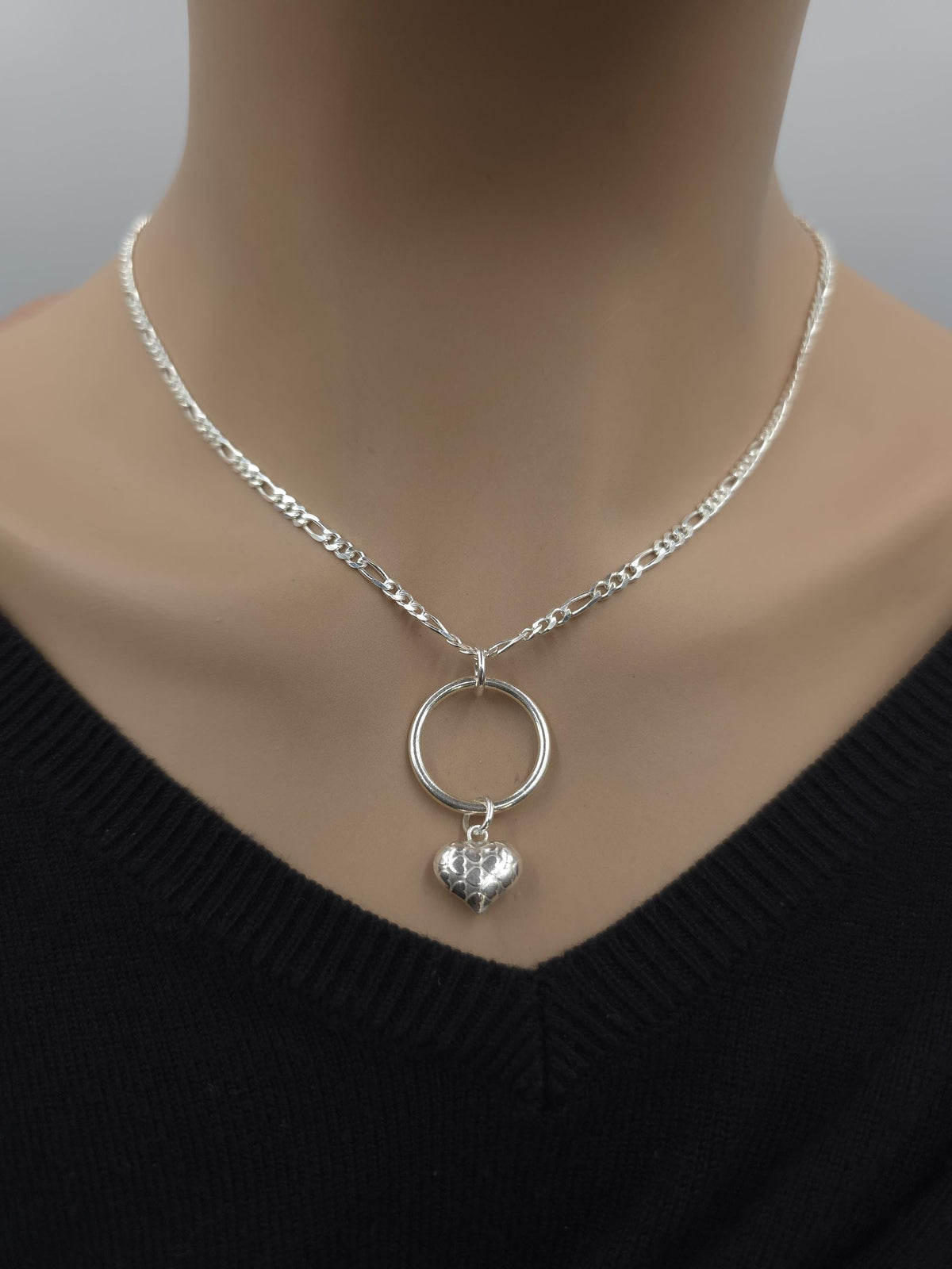 Sterling Silver Eternity Necklace with O Ring and Heart, 3mm Figaro Chain, Romantic Statement Necklace, 16 18 20 Inch