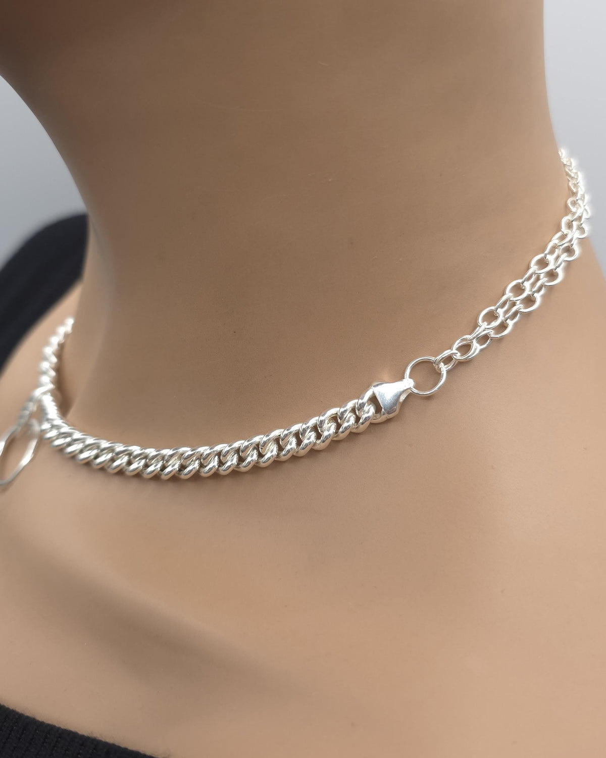 Sterling Silver Day Collar Necklace, Chunky Curb Chain O Ring Necklace, Adjustable Silver Choker, Handmade Statement Necklace