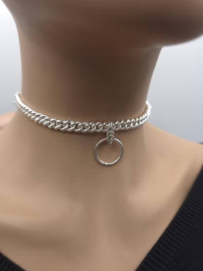 Sterling Silver Day Collar Necklace, Chunky Curb Chain O Ring Necklace, Adjustable Silver Choker, Handmade Statement Necklace