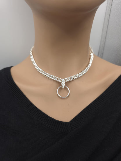 Sterling Silver Day Collar Necklace, Chunky Curb Chain O Ring Necklace, Adjustable Silver Choker, Handmade Statement Necklace