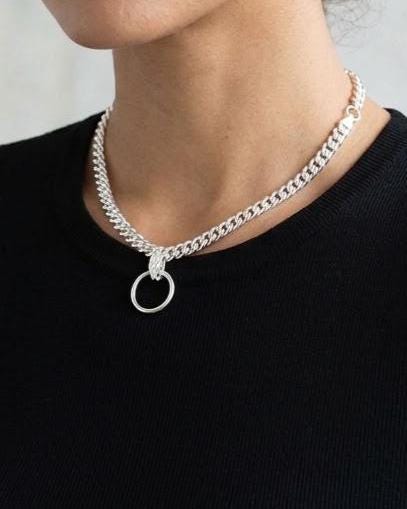 Sterling Silver Day Collar Necklace, Chunky Curb Chain O Ring Necklace, Adjustable Silver Choker, Handmade Statement Necklace