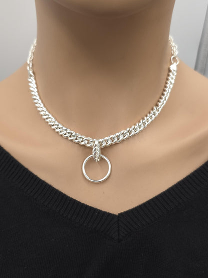 Sterling Silver Day Collar Necklace, Chunky Curb Chain O Ring Necklace, Adjustable Silver Choker, Handmade Statement Necklace