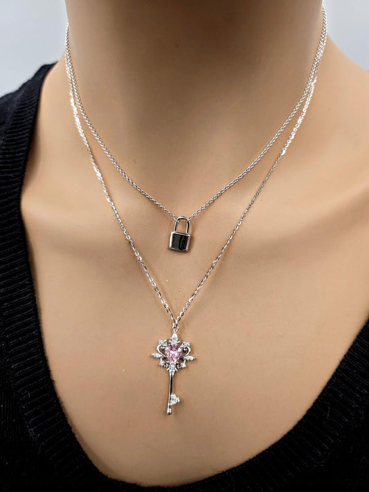 Sterling Silver Lock and Key Necklace Set, Layered Silver Necklaces, Padlock Necklace, Key Necklace with Glass Stone, Two Piece Necklace Set