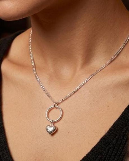 Sterling Silver Eternity Necklace with O Ring and Heart, 3mm Figaro Chain, Romantic Statement Necklace, 16 18 20 Inch