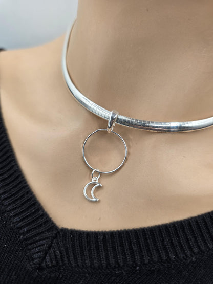 Sterling Silver Moon Omega Eternity O Ring Necklace Day Collar – 4mm Dual-Tone Sterling Silver