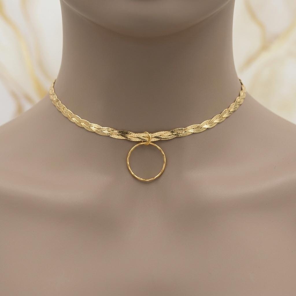 10K Gold Vermeil Day Collar Necklace, Braided Gold Choker with O Ring, Adjustable Collar, Sterling Silver Vermeil Necklace