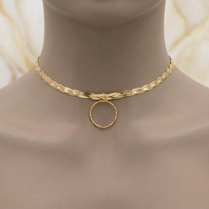 10K Gold Vermeil Day Collar Necklace, Braided Gold Choker with O Ring, Adjustable Collar, Sterling Silver Vermeil Necklace