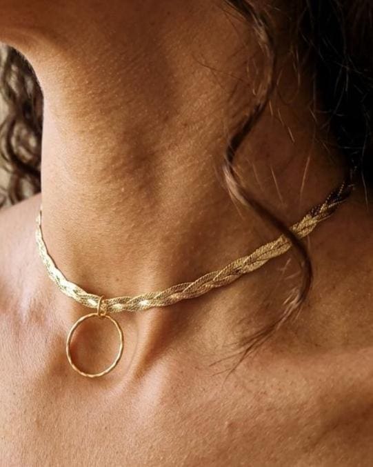 10K Gold Vermeil Day Collar Necklace, Braided Gold Choker with O Ring, Adjustable Collar, Sterling Silver Vermeil Necklace