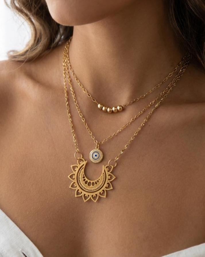 Gold Mandala Evil Eye Layered Protection Necklace Set - Chain Zen Stack Jewelry