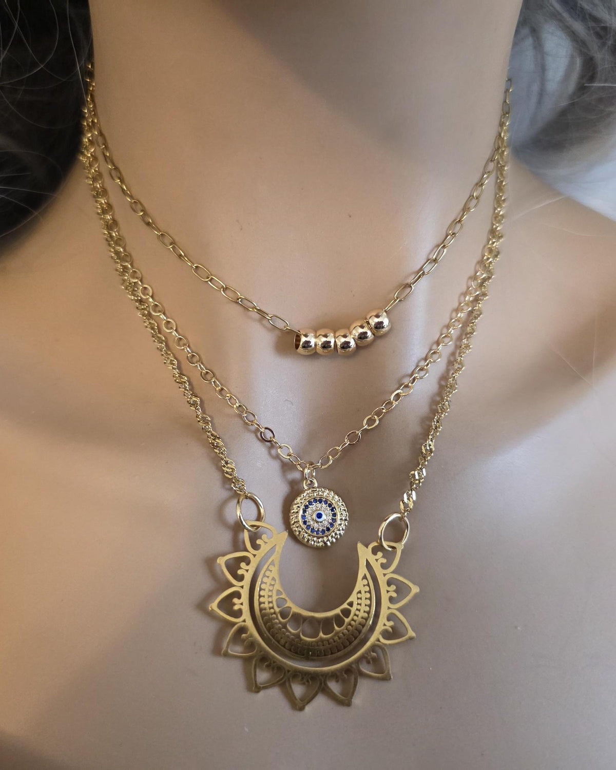 Gold Mandala Evil Eye Layered Protection Necklace Set - Chain Zen Stack Jewelry