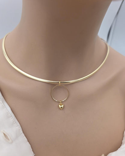 10k Gold Vermeil Omega Eternity O Ring Necklace Day Collar with Heart– 4mm Dual-Tone Sterling Silver