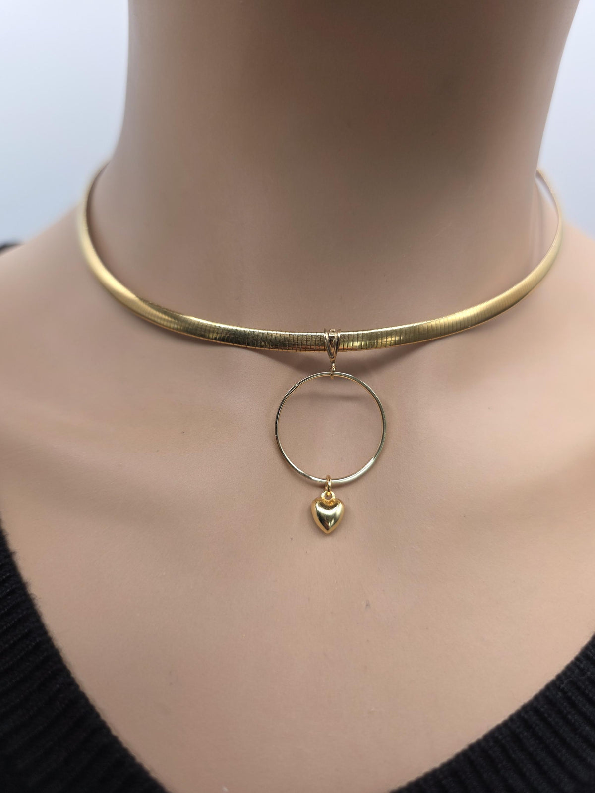10k Gold Vermeil Omega Eternity O Ring Necklace Day Collar with Heart– 4mm Dual-Tone Sterling Silver