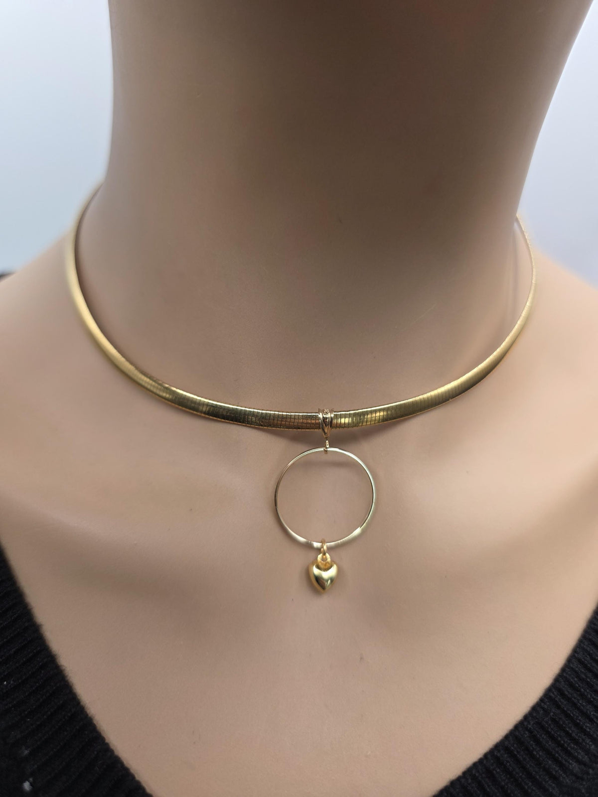 10k Gold Vermeil Omega Eternity O Ring Necklace Day Collar with Heart– 4mm Dual-Tone Sterling Silver