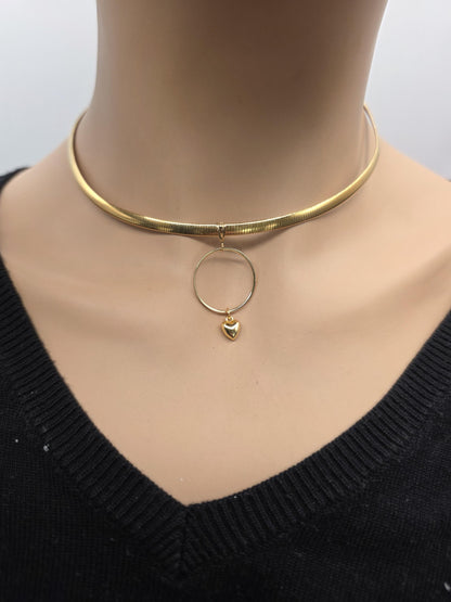 10k Gold Vermeil Omega Eternity O Ring Necklace Day Collar with Heart– 4mm Dual-Tone Sterling Silver